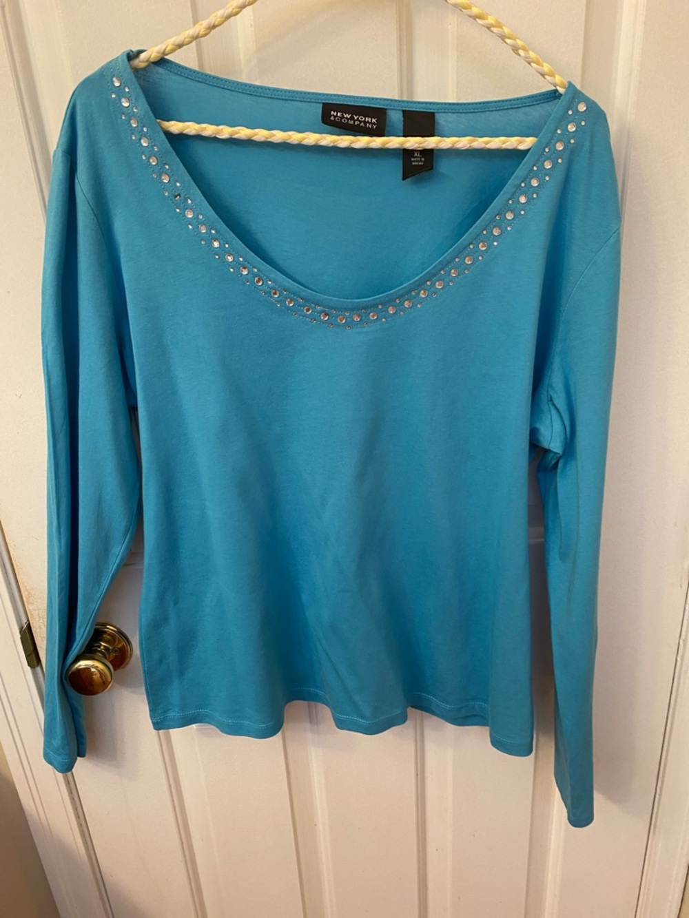 New York & Company Turquoise Long Sleeve Scoop Neck Top with Rhinestone Trim